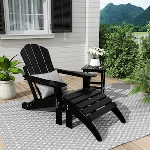 Angel Classic Black Plastic Adirondack Chair with Ottoman and Side Table Set (3-Piece)