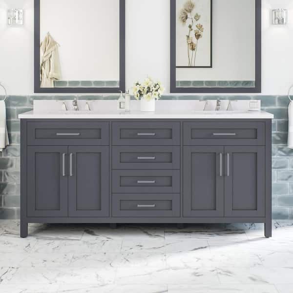OVE Decors Tahoe 72 in. W x 21 in. D x 34 in. H Double Sink Bath Vanity in Dark Charcoal with White Engineered Stone Top and Outlet