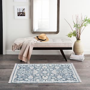 Lennox Blue/Ivory doormat 2 ft. x 4 ft. Bordered Transitional Area Rug