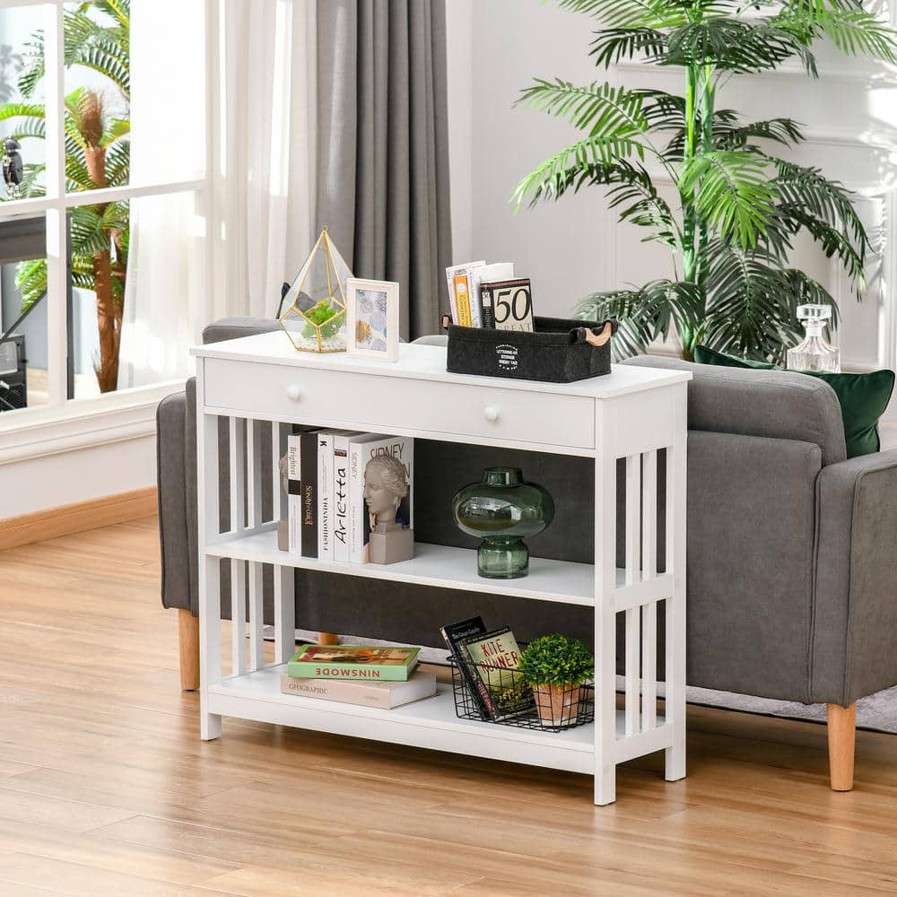 White Wood Console Table with Drawer and Shelves