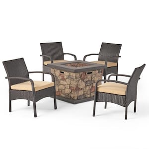 Cordoba Brown 5-Piece Faux Rattan Patio Fire Pit Seating Set with Tan Cushions