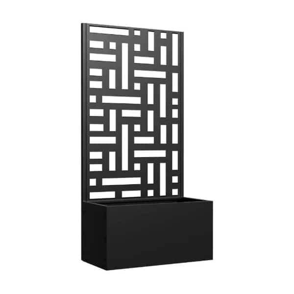 47 in. H x 24 in. L x 11 in. W Metal Planter Box with Trellis Wheels Black Privacy Screen