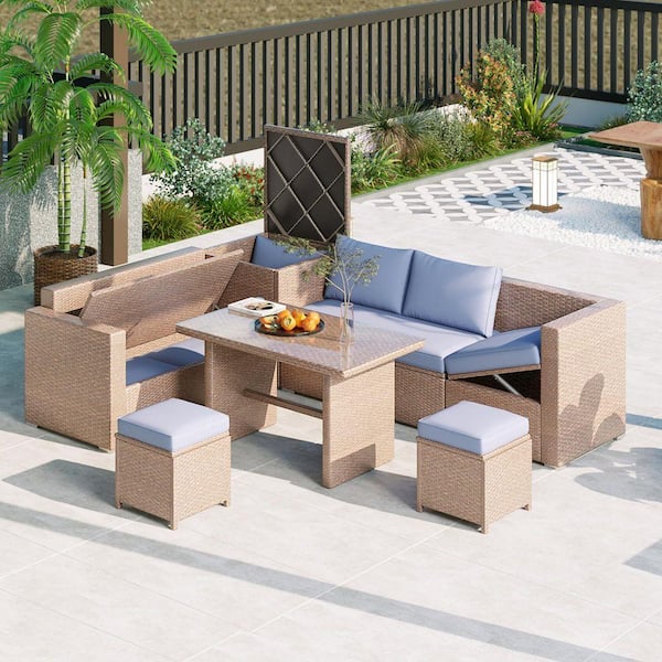 Tenleaf 6-Piece Wicker Patio Conversation Set with Blue Cushions ...