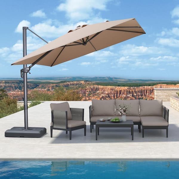 PURPLE LEAF 9 ft. Square Outdoor Patio Cantilever Umbrella Aluminum Offset 360° Rotation Umbrella with Base, Beige
