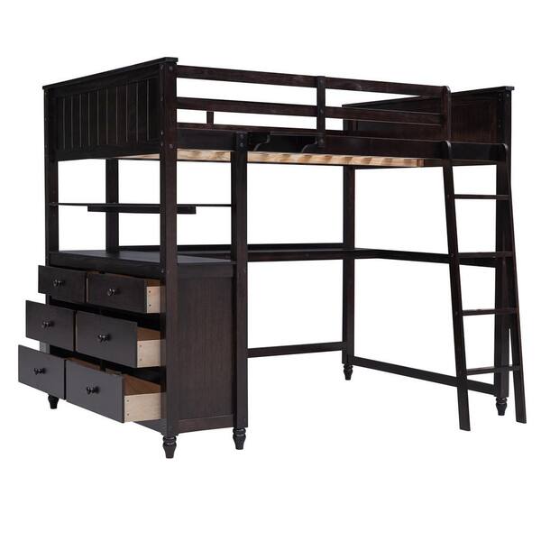 Harper & Bright Designs Multifunction Espresso Full Size Wood Loft Bed with Desk, Shelves and