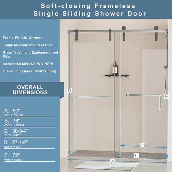 60 in. W x 76 in. H Soft Closing Single Sliding Frameless Shower Door in Chrome Finish w/ 5/16 in. Tempered Clear Glass