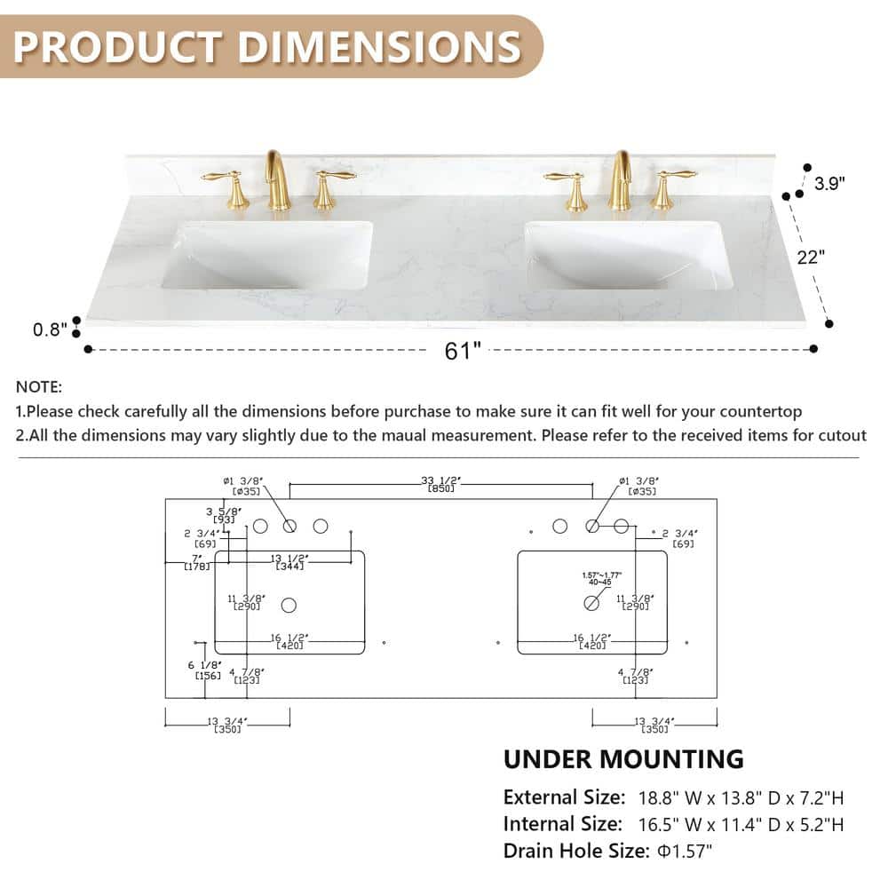 Ceres 61" Grain White Engineered Stone Vanity Top with Double Sinks