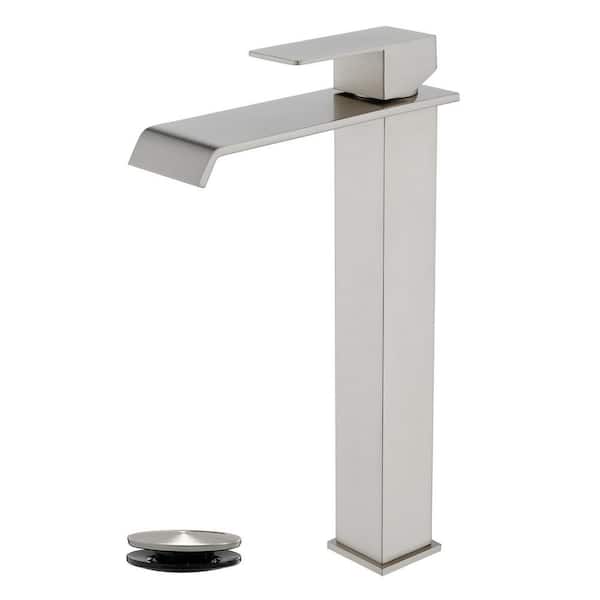 Single Handle Vessel Sink Faucet with Pop-Up Drain, Waterfall Tall Single Hole Bathroom Sink Faucet in Brushed Nickel