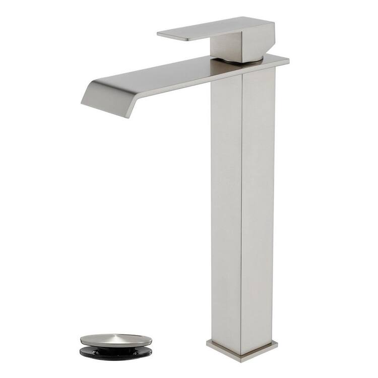 Single Handle Vessel Sink Faucet with Pop-Up Drain, Waterfall Tall Single Hole Bathroom Sink Faucet in Brushed Nickel