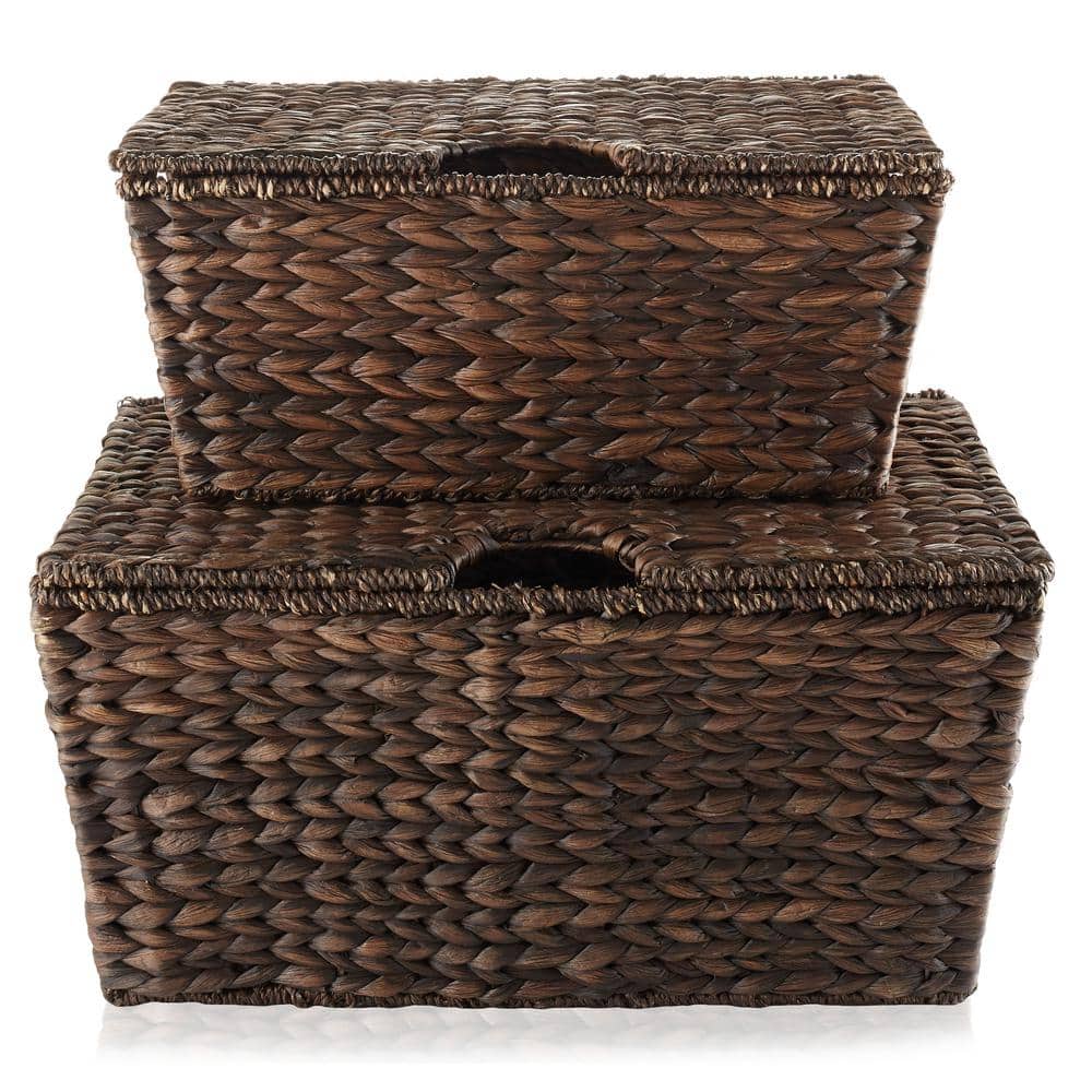 Set of 2 Dark Brown Water Hyacinth Storage Baskets with Lids