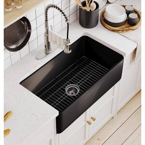 33 in. Apron Front Single Bowl Fireclay Farmhouse Kitchen Sink with Bottom Grids in Black