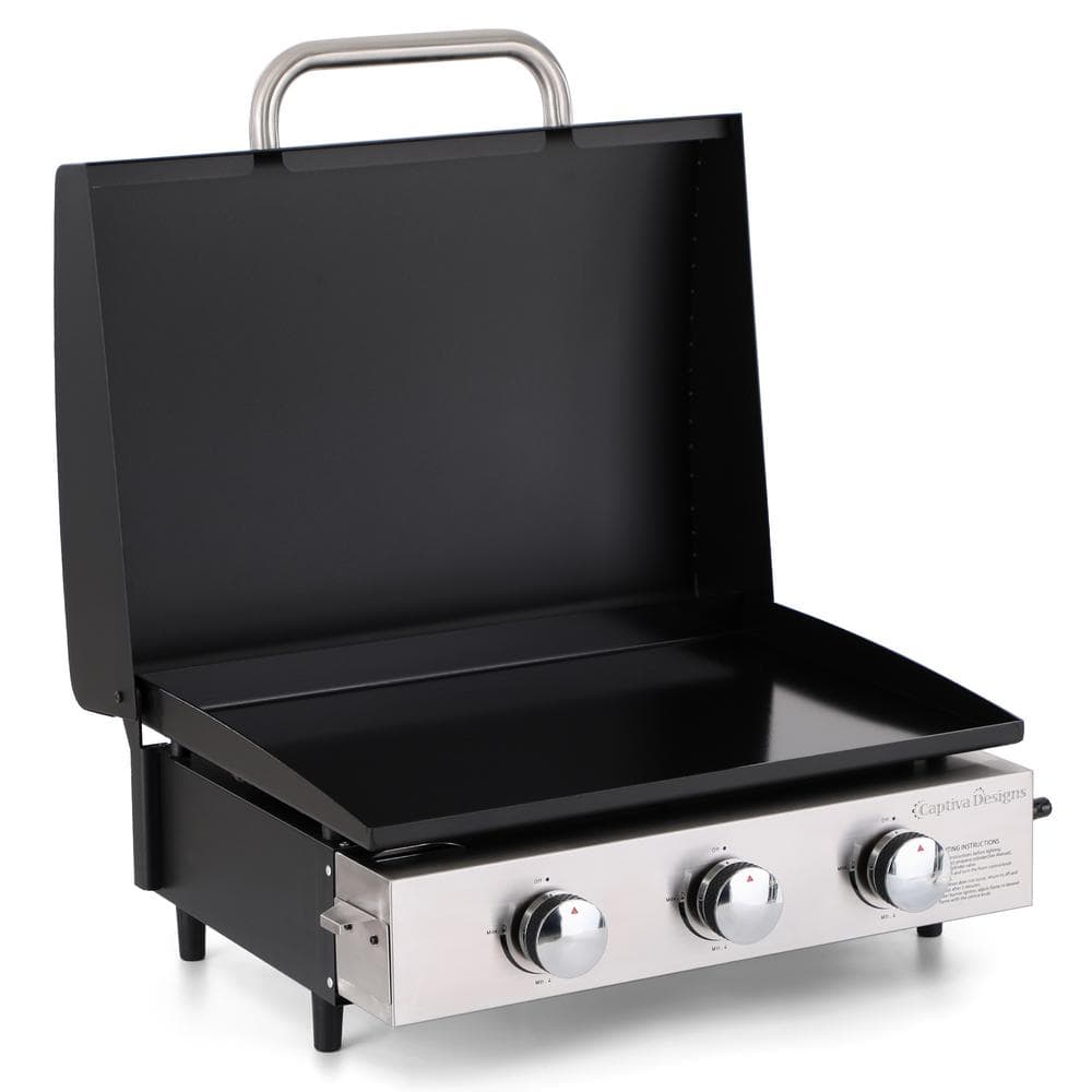 Phi Villa 3-Burner Propane GAS Griddle in Black with Hard Cover Hood and Propane Adapter Hose in 2-Size