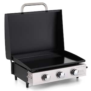 3-Burner Propane Gas Griddle in Black with Hard Cover Hood and Propane Adapter Hose in 2-Size