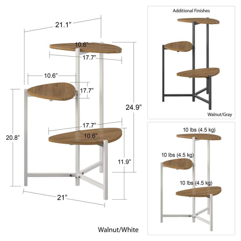 Walnut and White 3-Shelf Mid-Century Modern Plant Stand