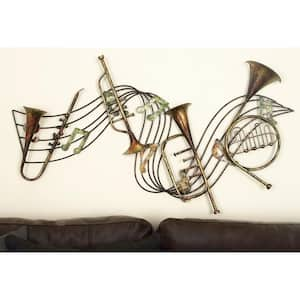 39 in. x 22 in. Metal Brown Musical Notes Wall Decor with Trumpets