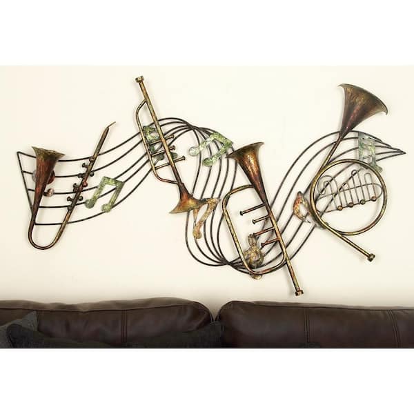 Litton Lane 39 in. x 22 in. Metal Brown Musical Notes Wall Decor with Trumpets