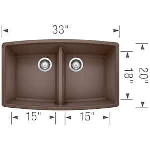 Performa Undermount Granite 33 in. x 20 in. 50/50 Double Bowl Kitchen Sink in Cafe Brown