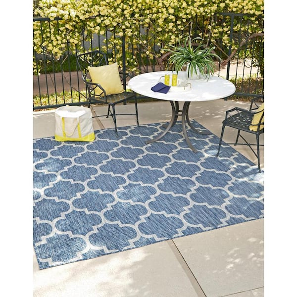 Outdoor Trellis Navy Blue 7 ft. 10 in. x 7 ft. 10 in. Area Rug