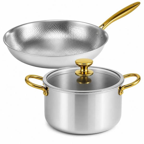 2-Piece Titanium Cookware Set 11 in. and 9.45 in. Pots and Pans with Lids, Oven Induction, Cook Tops and Dishwasher Safe