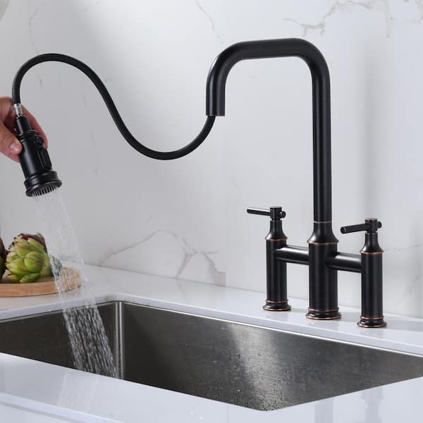 Brass Double Handle Bridge Kitchen Faucet with 3-Mode Pull-Down Sprayer and 1 or 3-Hole Install in Oil Rubbed Bronze