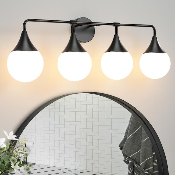 KAISITE 33 in. 4 Light Black Vanity Light with Milk White Globe Glass Shade Modern Bathroom Lighting Fixtures