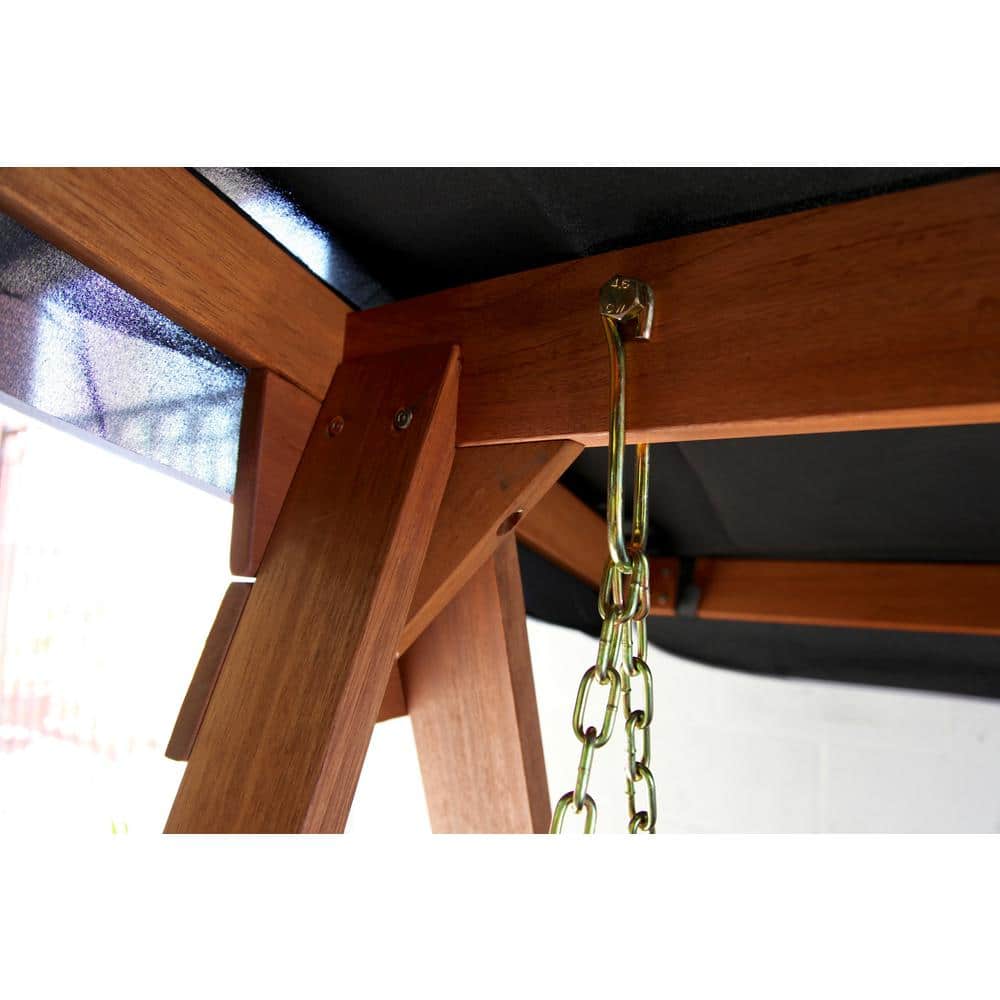 Avoca Natural Shorea Wood 3-Seat Swing Daybed with Black Canopy