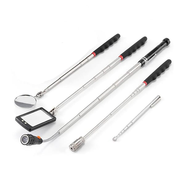 5-Piece Magnetic Pickup Tool Set with LED Flashlight, Telescoping Handle and 360° Inspection Mirrors in Red