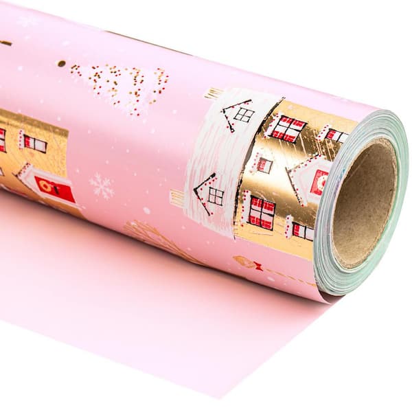 17 in. x 33 ft. Christmas Wrapping Paper, Pink House and Solid Pink Design Roll for Chrsitmas Holiday Party Celebration