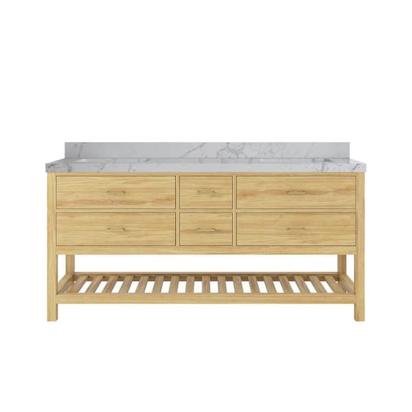 Willow Collections Parker Teak 72 in. Double Sink Freestanding Light Natural Bath Vanity with Venatino Qt. Top Unassembled