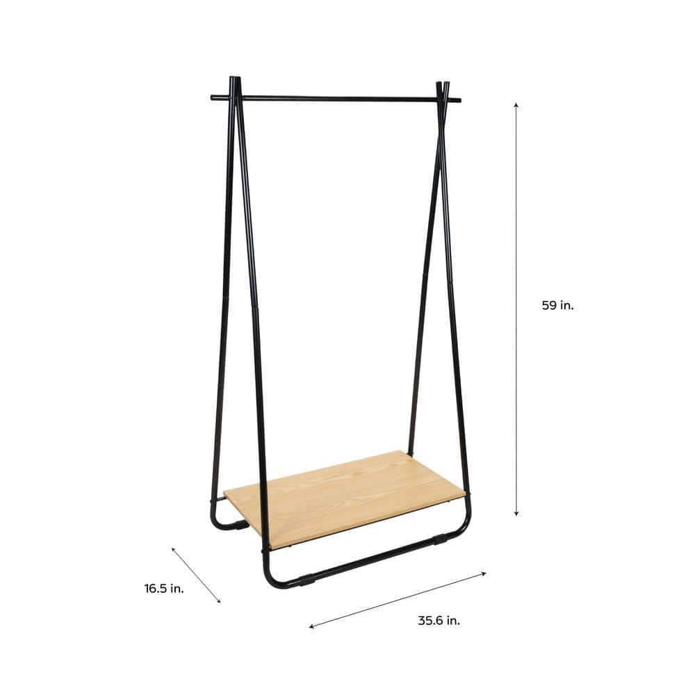 Black Metal Garment Rack with Light Brown Wooden Shelf