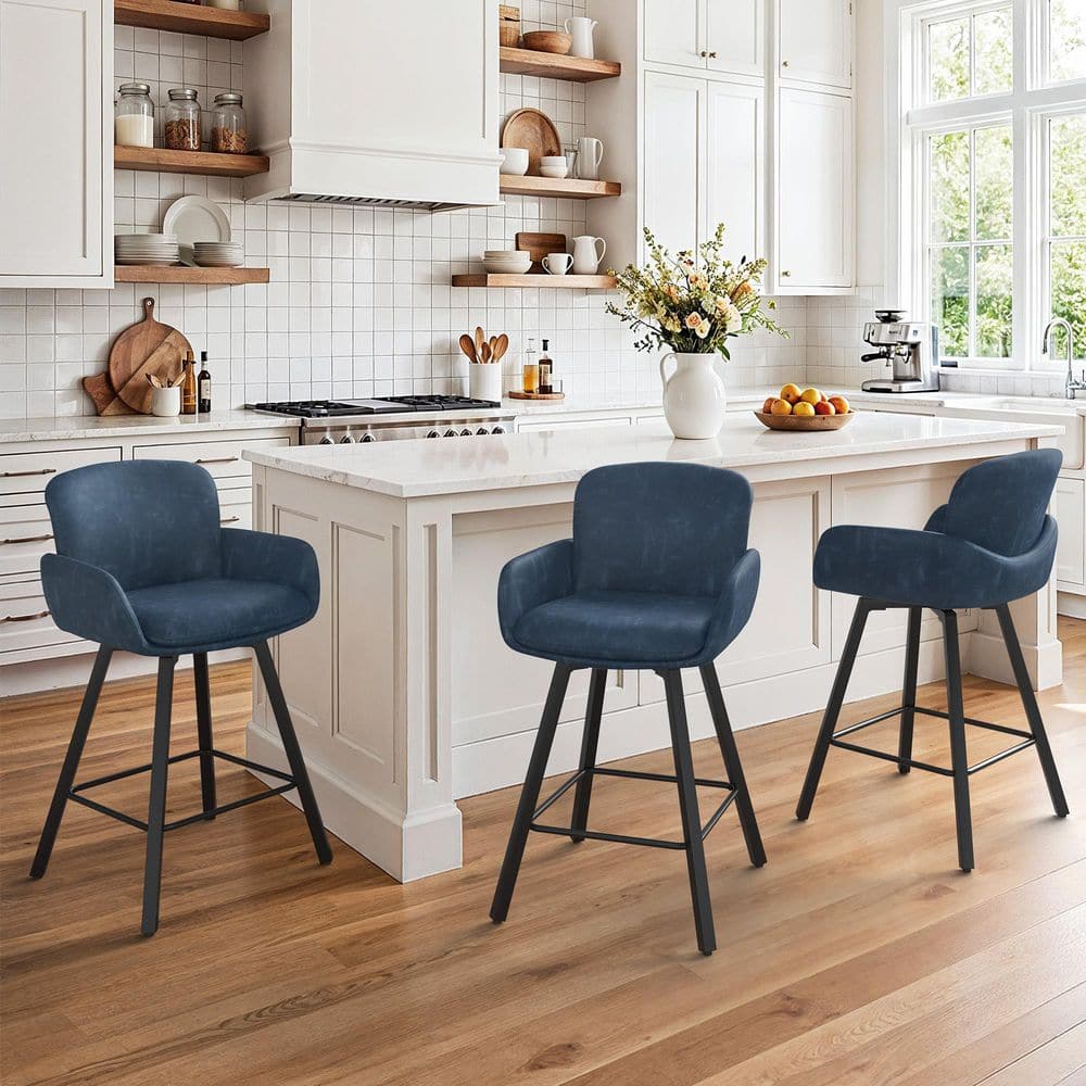 Nicola 26 in. Blue Faux Leather Upholstered Swivel Bar Stool with Metal Frame Low back Counter Height Stool (Set of 3) price history on PriceWatchPro