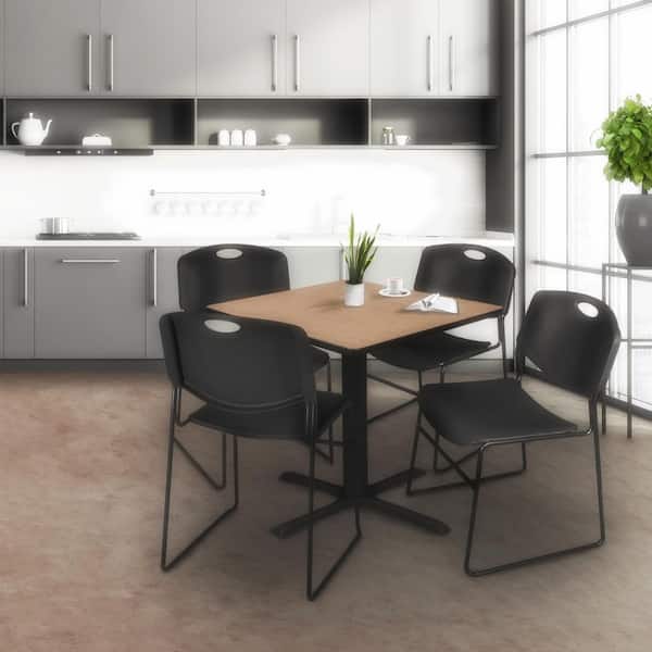 Cain 42 in. Noble Oak Square Breakroom Table Desk and 4-Zeng Stack Chairs-Black