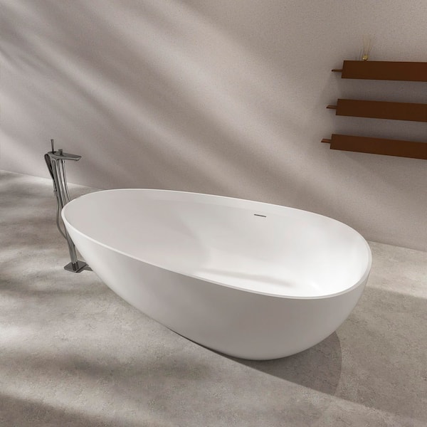 70.9 in. x 35.5 in. Artificial Stone Soaking Bathtub in Matte White Solid Surface with Overflow and Pop-up Drain
