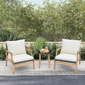 3-Piece Wicker Acacia Wood Patio Conversation Set with Off White Cushioned Chairs and Tempered Glass Side Table
