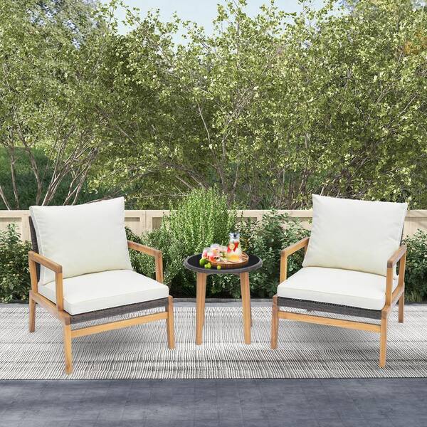 ANGELES HOME 3-Piece Wicker Acacia Wood Patio Conversation Set with Off White Cushioned Chairs and Tempered Glass Side Table