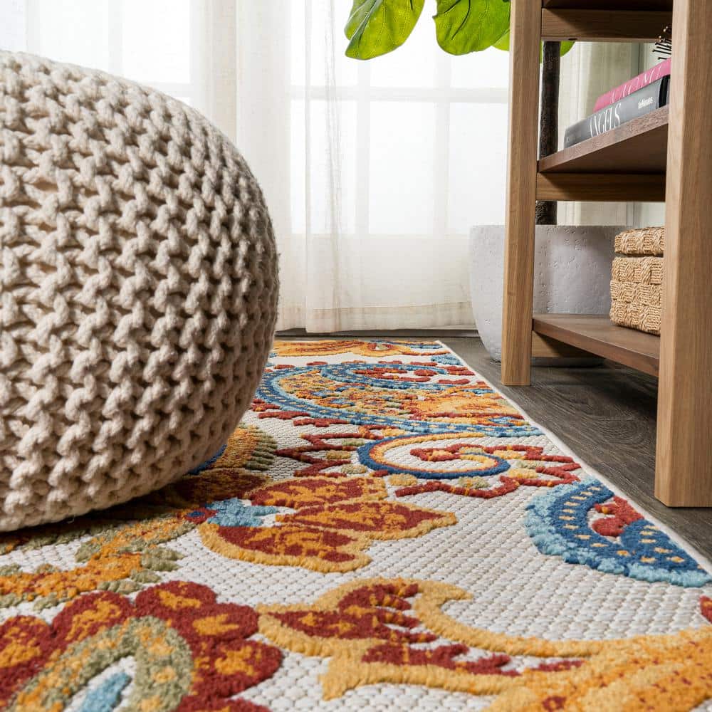 Paisley High-Low Orange and Multicolor Synthetic Runner Rug