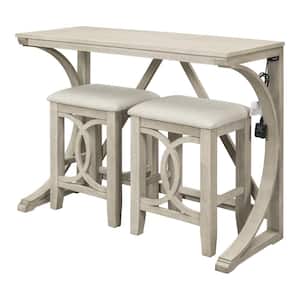 3-Piece White Counter Height Dining Table Set with USB Port and Beige Upholstered Stools