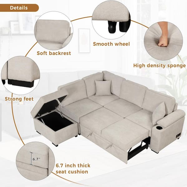 Nestfair 87.4 in. Beige Linen Upholstered L-Shaped Sleeper Sofa Bed with  Twin Size Pull-out Bed and Storage Ottoman S10050A - The Home Depot