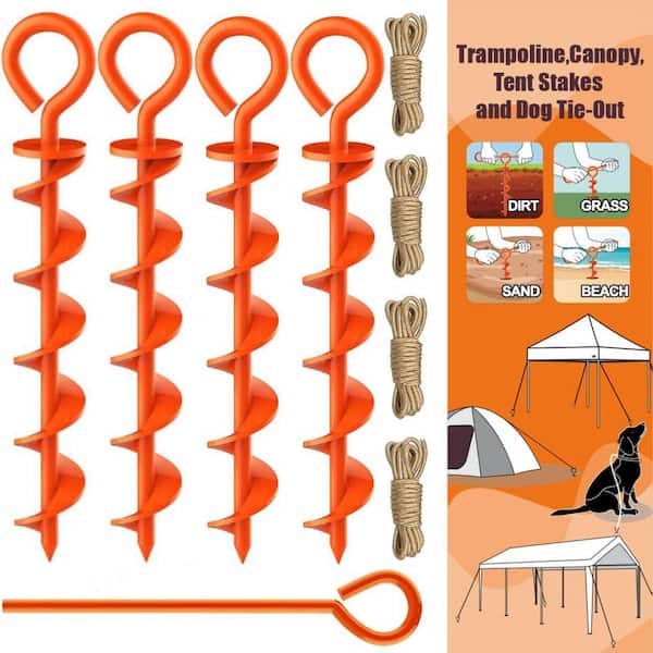 4 Pack Canopy Tent Stakes Dog Tie Out Stakes Steel Trampoline Stakes with Iron Rod Installation Tool & 4 Wind Ropes