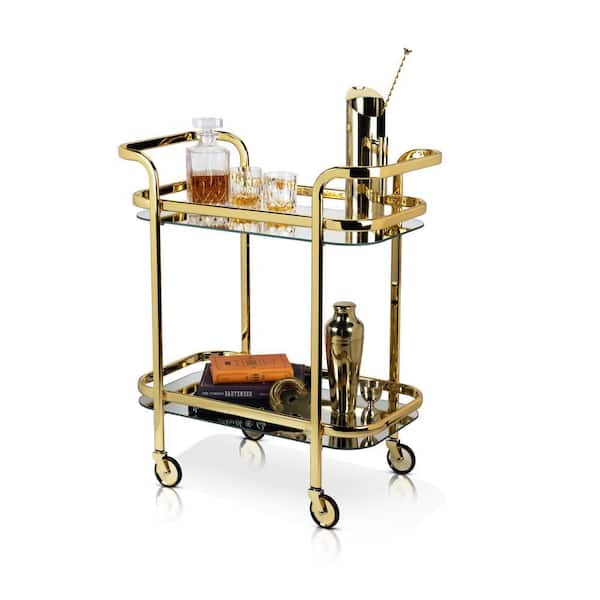 Kitchen and Bar Cart Stainless Steel, Gold with Wheels and Mirror Shelves