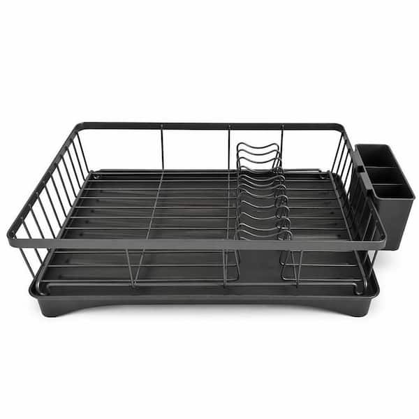 Black Single Tier Dish Rack with Chopstick Holder, Kitchen Countertop Tableware Storage Organizer