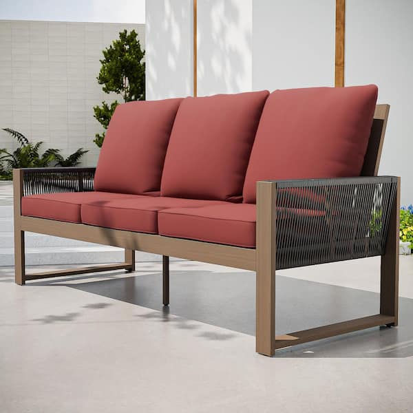 EAGLE PEAK 3-Seat Brown Cedar Wood and Round Wicker Outdoor Couch Patio Sofa with Red Cushions for Porch Deck Balcony