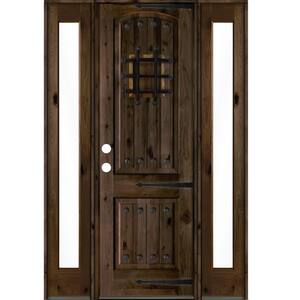 58 in. x 96 in. Mediterranean Knotty Alder Right-Hand/Inswing Clear Glass Black Stain Wood Prehung Front Door w/Sidelite