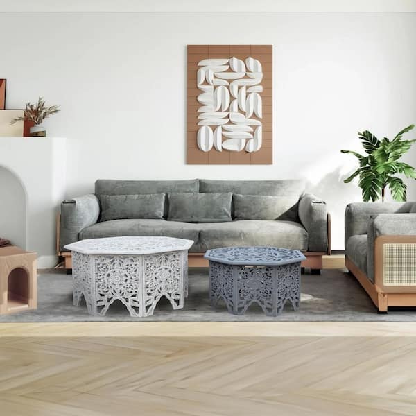 THE URBAN PORT 36 in. White and Gray Octagonal Wood Nesting Coffee Table with Carved Cut Out Floral Motifs (Set of 2)
