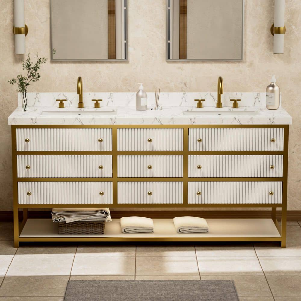 Solidoak 72 in. W x 22 in. D x 35.4 in. H Double Sink Bath Vanity in White with White Engineered Marble Top price history on PriceWatchPro