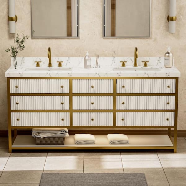 Solidoak 72 in. W x 22 in. D x 35.4 in. H Double Sink Bath Vanity in White with White Engineered Marble Top