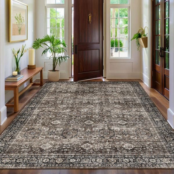 Traditional Floral Rug Low Pile Non Slip Thin Carpet Soft Foldable Indoor Carpet for Bedroom Office Brown，5X7ft