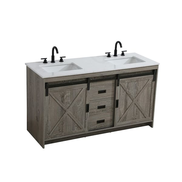 60 in. Double Sink Rustic Grey Bath Vanity with White Engineered Marble Top