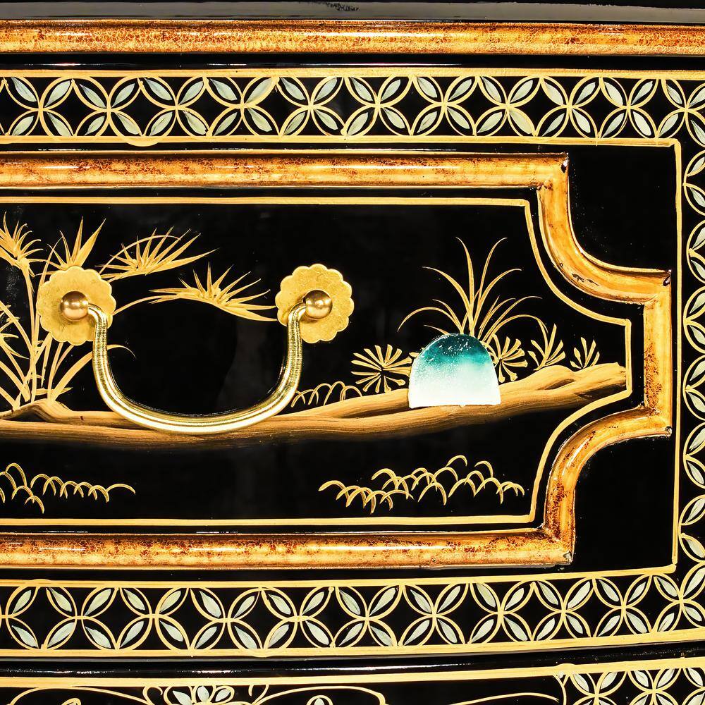 Black Lacquer Half-Moon Cabinet with Mother-of-Pearl Design