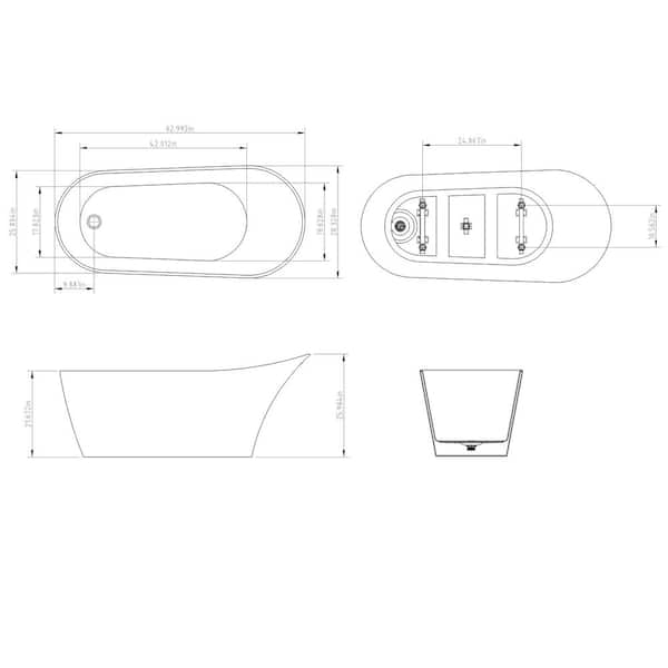 AKDY 63.6 in. Acrylic Reversible Drain Oval Slipper Flatbottom